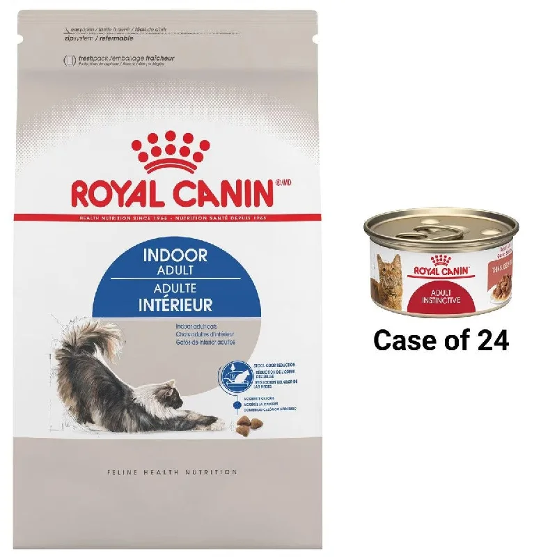 Bundle: Royal Canin Feline Health Nutrition Indoor Dry Food + Adult Instinctive Thin Slices in Gravy Canned Cat Food