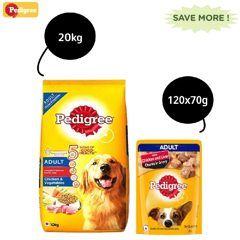 Pedigree Chicken & Liver Chunks in Gravy Wet and Chicken & Vegetables Dry Adult Dog Food Combo