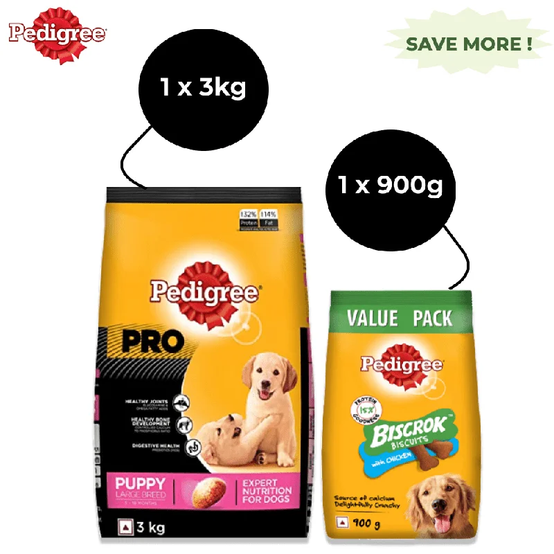 Pedigree PRO Large Breed Puppy Dry Food and Chicken Flavour Biscrok Treat Combo (3kg +900g)