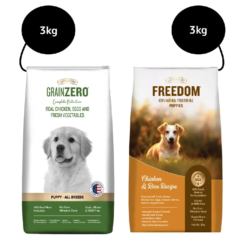 Signature Freedom Chicken and Rice Recipe and Grain Zero Real Chicken, Egg and Vegetables Puppy Dog Dry Food Combo