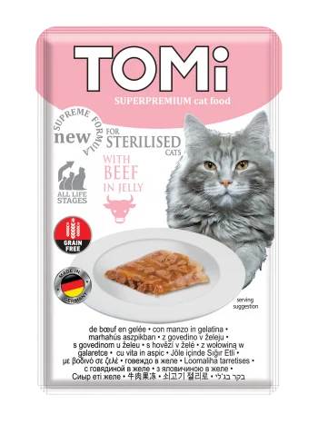 TOMi 85g pouch for sterilised cats – beef in jelly