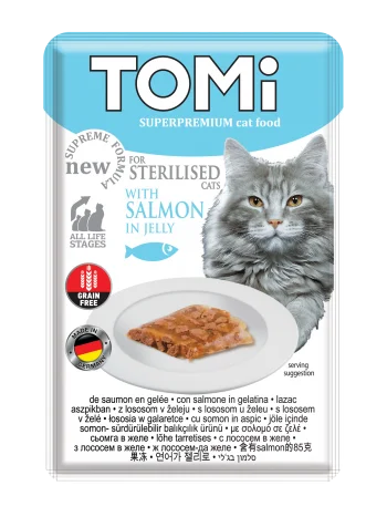 TOMI POUCH FOR STERILISED CATS – SALMON IN JELLY 85G